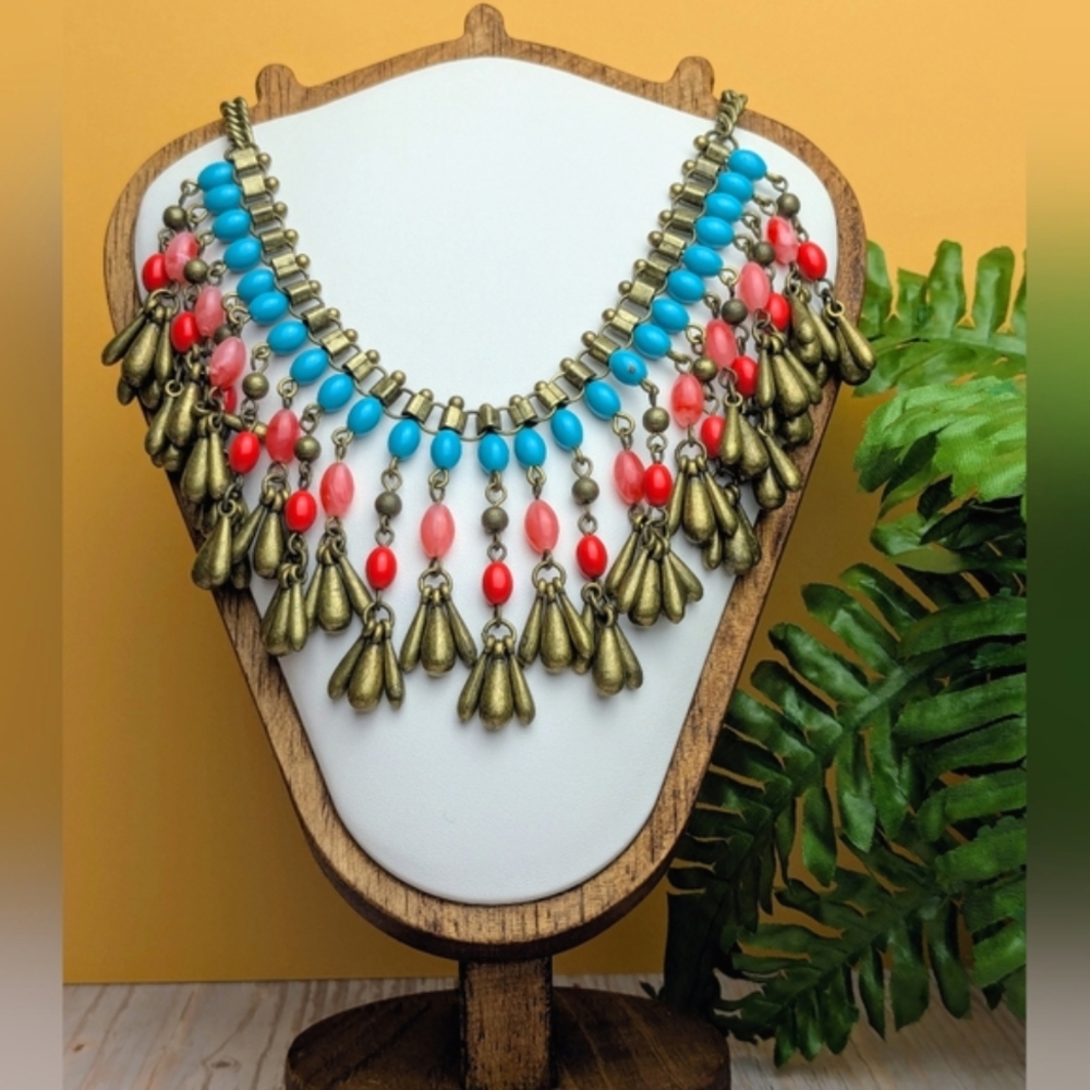 Antique Brass Beaded Statement Necklace